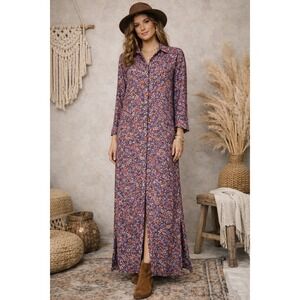 Natural Life Boho Paisley Maxi Shirt Dress Button Front Long Sleeve Small Violet